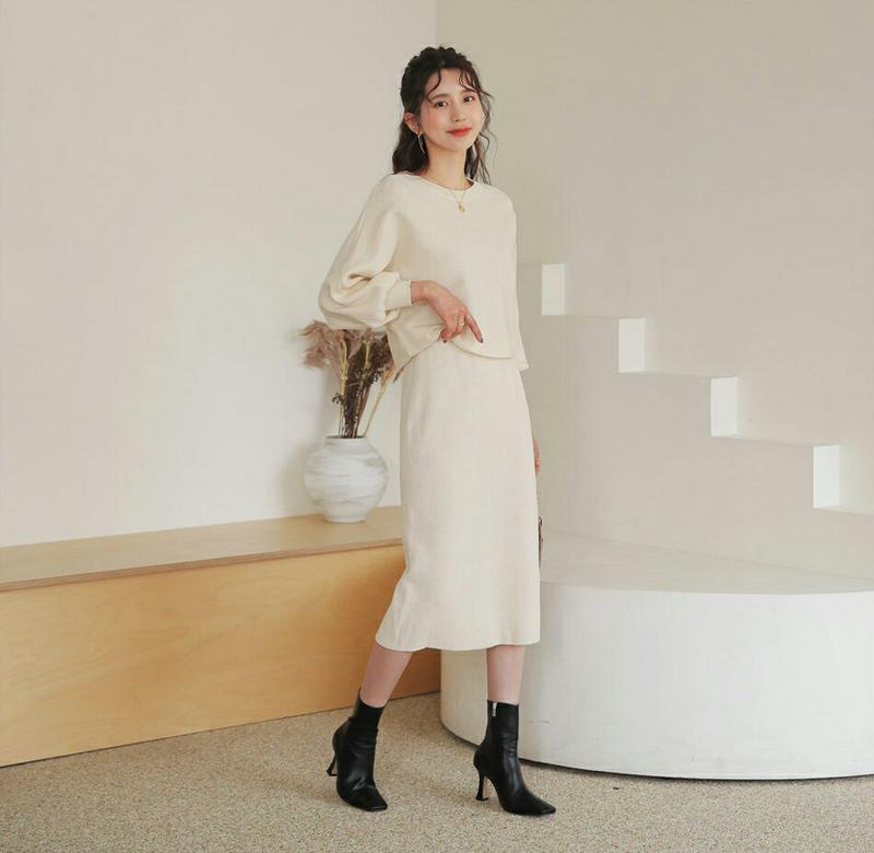 【新作10%OFF】パフニット&スカートSET・全2色・b64416 レディース 【ops】【韓国 ファッション セットアップ 