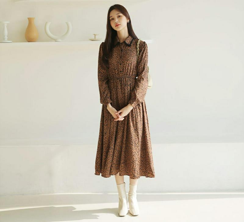 【新作10%OFF】レオパードカラーワンピース・全2色・64417 レディース 【ops】【韓国 ファッション ワンピース ロン