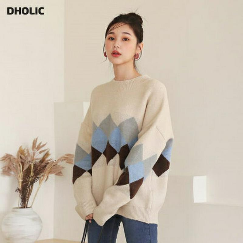ルーズアーガイルニット・全3色・t64410 レディース 【tops】【韓国 ファッション トップス ニット ラウンドネック クルーネック 長袖 ロングスリーブ ハイゲージ パターン 柄 ルーズ ゆったり カジュアル 秋 冬 春】【STYLE】