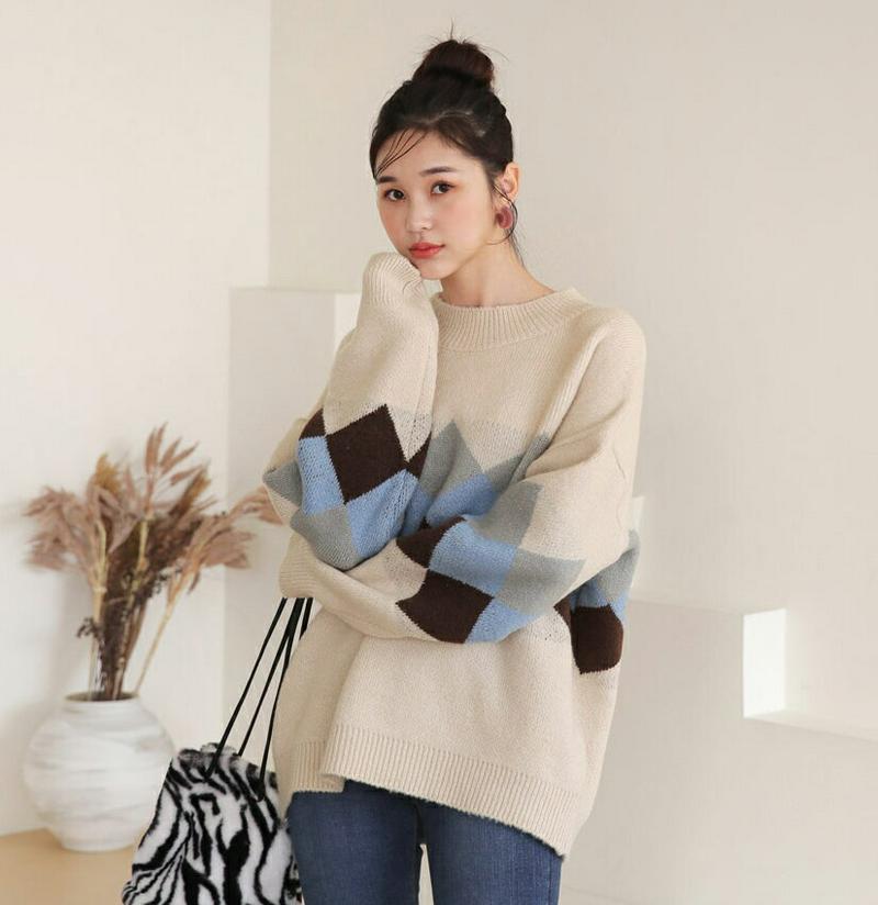 ルーズアーガイルニット・全3色・t64410 レディース 【tops】【韓国 ファッション トップス ニット ラウンドネック クルーネック 長袖 ロングスリーブ ハイゲージ パターン 柄 ルーズ ゆったり カジュアル 秋 冬 春】【STYLE】