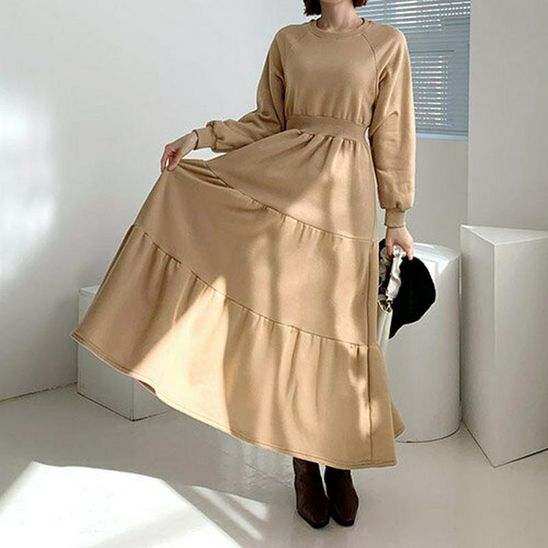 裏起毛ティアードワンピース・全3色・b61648 レディース【ops】 韓国ファッション ワンピース ロングワンピース スウェットワンピース ティアード 裏起毛 ラウンドネック ラグランスリーブ 長袖 ウエストゴム シンプル カジュアル ラフ 秋 冬