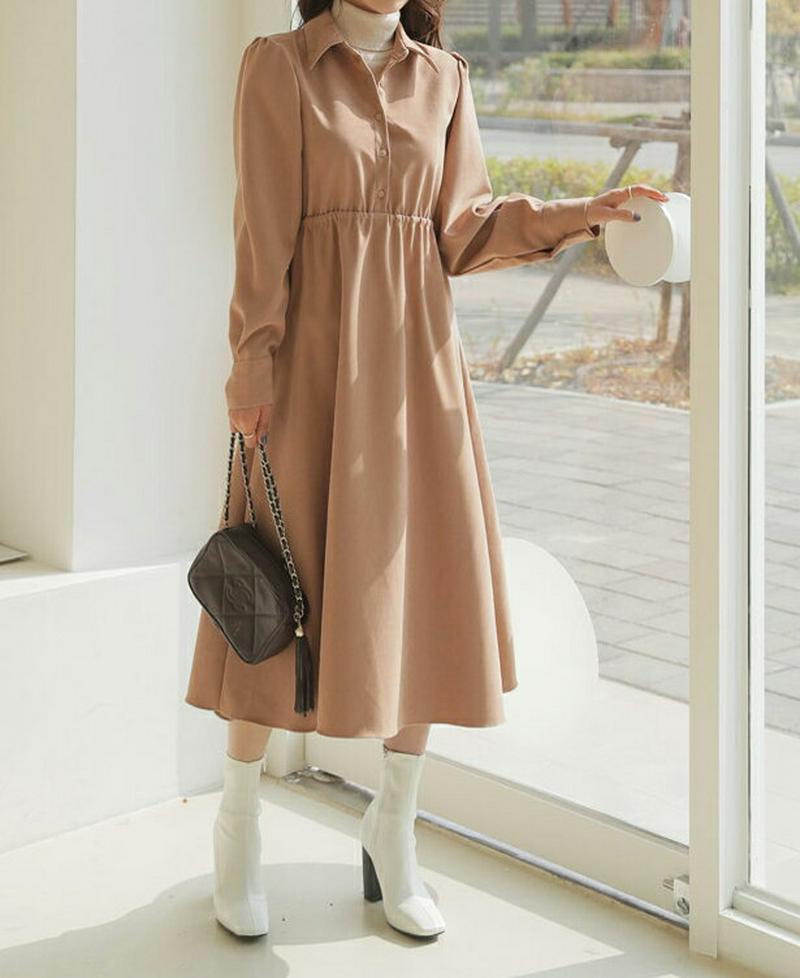 【新作10%OFF】カラーボタンフレアワンピース・全4色・t64420 レディース 【ops】【韓国 ファッション ワンピース 