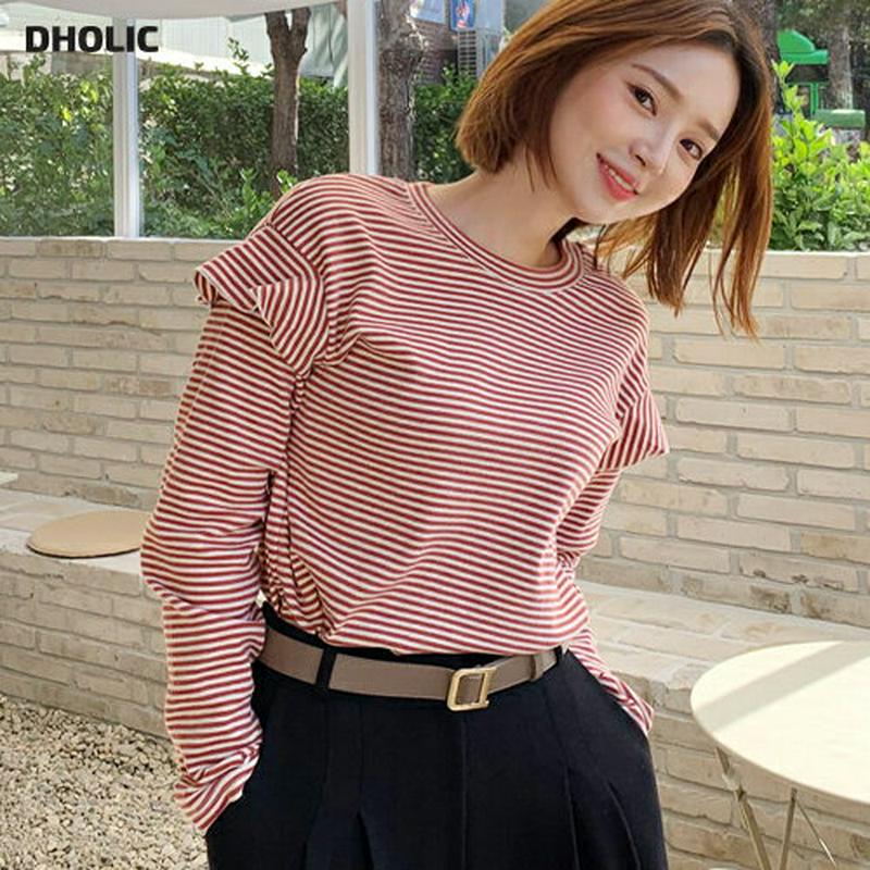【只今10%OFF】ボーダーフリルTシャツ・全4色・b61598 レディース【tops】【韓国 ファッション トップス Tシャツ ロングスリーブ 長袖 ボーダー柄 フリル ラウンドネック ラウンドヘム シンプル カジュアル かわいい 春 秋 冬】