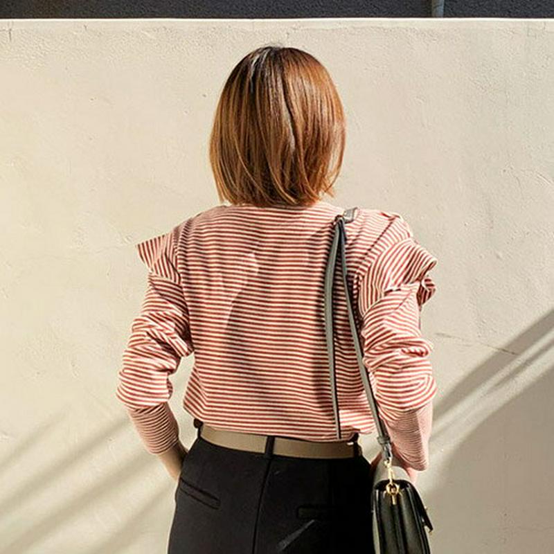 【只今10%OFF】ボーダーフリルTシャツ・全4色・b61598 レディース【tops】【韓国 ファッション トップス Tシャツ ロングスリーブ 長袖 ボーダー柄 フリル ラウンドネック ラウンドヘム シンプル カジュアル かわいい 春 秋 冬】