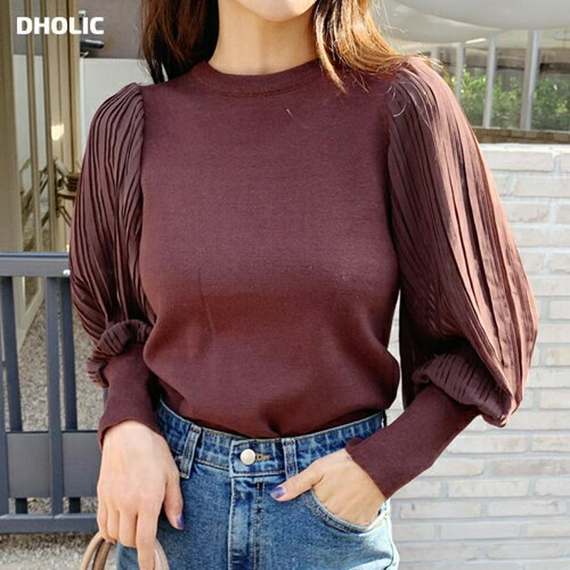 【新作10%OFF】ラウンドプリーツスリーブニット・全3色・b61627 レディース【tops】【韓国 ファッション トップス 