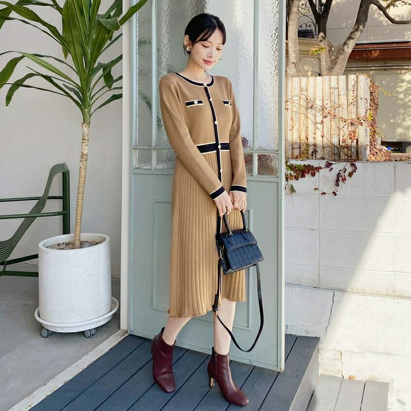 【新作10%OFF】配色ニットボタンワンピース・全2色・b64927 レディース【ops】【韓国 ファッション ワンピース ロン