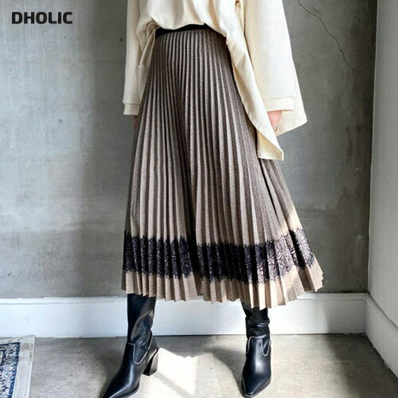 ヘリンボーンレースラインスカート・全2色・b64934 レディース【sk】【韓国 ファッション ボトムス スカート ロング丈 ロングスカート ヘリンボーン 生地 レース プリーツ ウエストゴム 大人 上品 ゆったり 体型カバー 揺れ感 秋 冬】【ハイホリHIHOLLI】