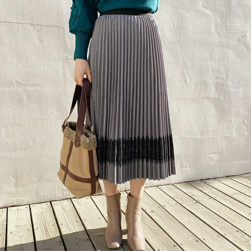 ヘリンボーンレースラインスカート・全2色・b64934 レディース【sk】【韓国 ファッション ボトムス スカート ロング丈 ロングスカート ヘリンボーン 生地 レース プリーツ ウエストゴム 大人 上品 ゆったり 体型カバー 揺れ感 秋 冬】【ハイホリHIHOLLI】