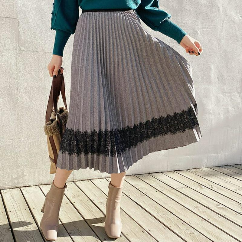 ヘリンボーンレースラインスカート・全2色・b64934 レディース【sk】【韓国 ファッション ボトムス スカート ロング丈 ロングスカート ヘリンボーン 生地 レース プリーツ ウエストゴム 大人 上品 ゆったり 体型カバー 揺れ感 秋 冬】【ハイホリHIHOLLI】