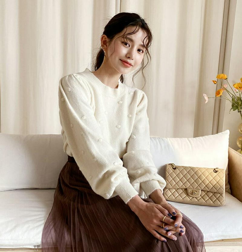 【新作10%OFF】ポンポンパフスリーブニット・全3色・b64405 レディース 【tops】【韓国 ファッション トップス ニ