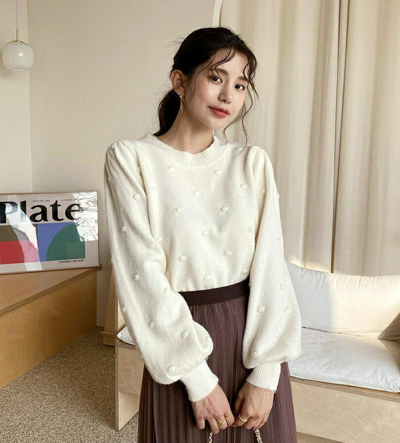 【新作10%OFF】ポンポンパフスリーブニット・全3色・b64405 レディース 【tops】【韓国 ファッション トップス ニ
