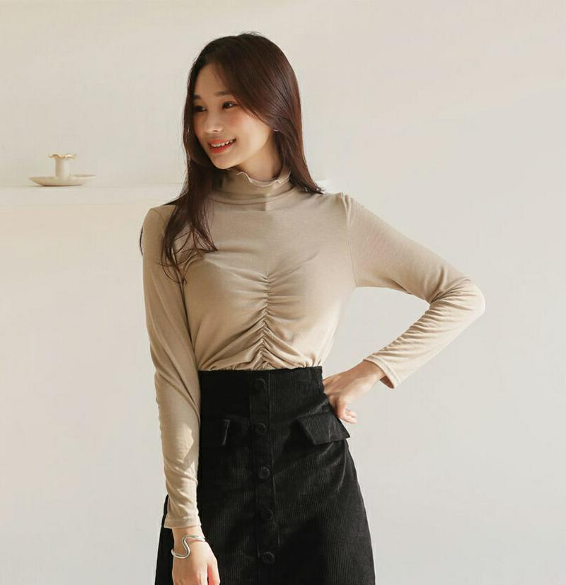 【新作10%OFF】フリルハイネックギャザーTシャツ・全3色・t64402 レディース 【tops】【韓国 ファッション トップ