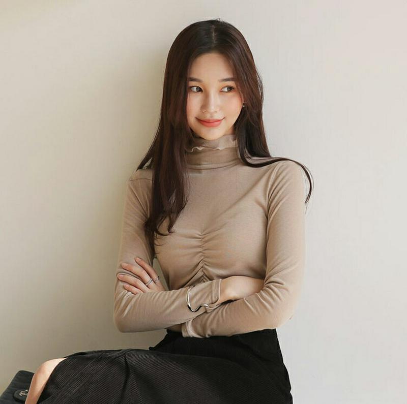 【新作10%OFF】フリルハイネックギャザーTシャツ・全3色・t64402 レディース 【tops】【韓国 ファッション トップ