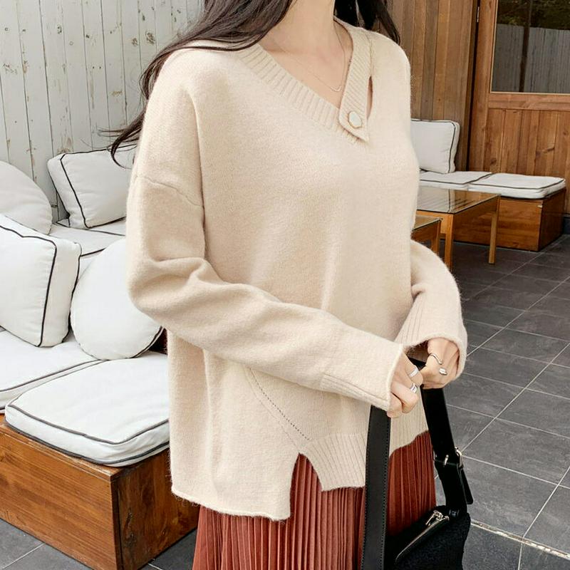 【特価】ボタンVネックニット・全5色・t64958 レディース【tops】【トップス ニット ニットトップス 長袖 Vネック 単色 無地 シンプル カジュアル ラフ スリット 秋 冬 韓国 ファッション】【ハイホリHIHOLLI】