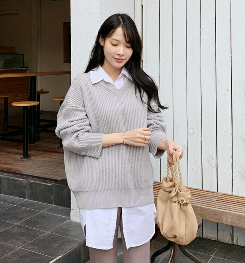 【新作10%OFF】Vネックルーズリブニット・全5色・t64955 レディース【tops】【トップス ニット ニットトップス リ