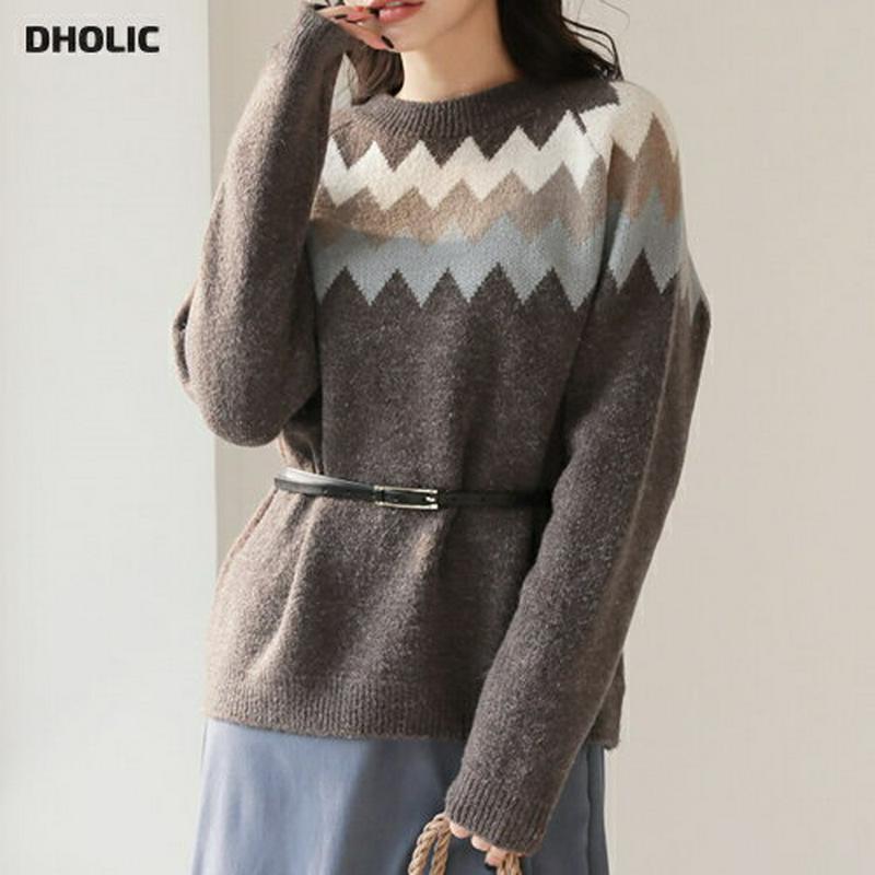 【新作10%OFF】ジグザグ配色ラウンドニット・全4色・t64952 レディース【tops】【トップス ニット ニットトップス 
