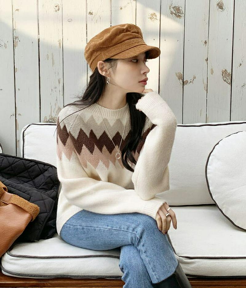 【新作10%OFF】ジグザグ配色ラウンドニット・全4色・t64952 レディース【tops】【トップス ニット ニットトップス 