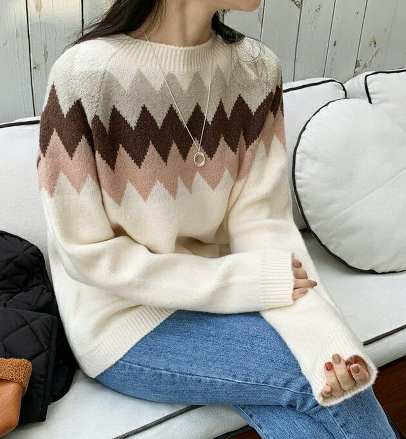 【新作10%OFF】ジグザグ配色ラウンドニット・全4色・t64952 レディース【tops】【トップス ニット ニットトップス 