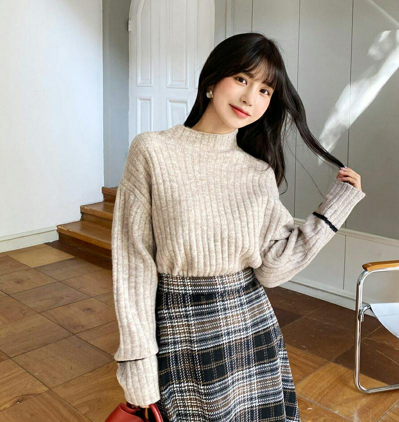 配色ラインスリーブニット・全2色・e61722 レディース【tops】【韓国 ファッション トップス ニット ニットトップス ロングスリーブ 長袖 ハーフネック リブ リブニット 配色 ライン シンプル カジュアル ゆったり ラフ 秋 冬】