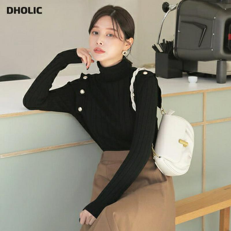 【新作10%OFF】ゴールドボタンリブニット・全2色・b65005 レディース【tops】【韓国 ファッション トップス ニット