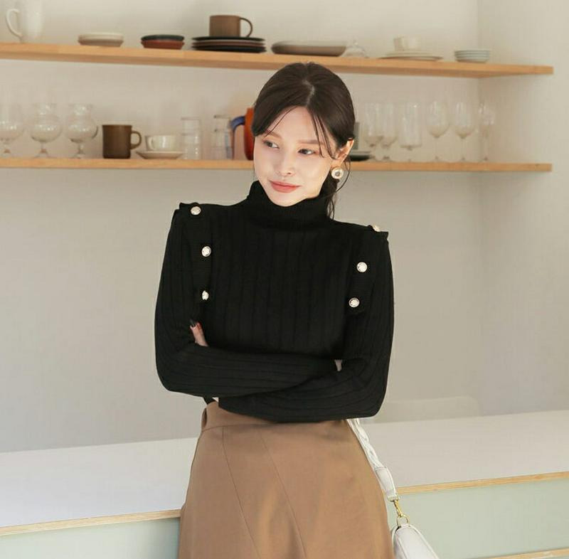 【新作10%OFF】ゴールドボタンリブニット・全2色・b65005 レディース【tops】【韓国 ファッション トップス ニット
