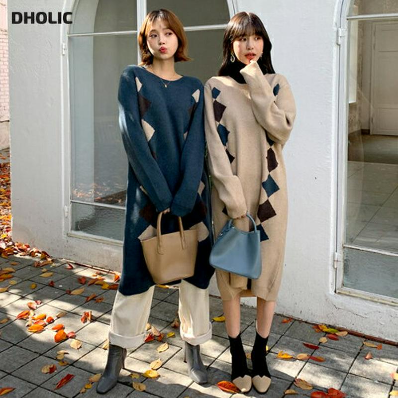 【新作10%OFF】アーガイルニットワンピース・全3色・b61726 レディース【ops】【韓国 ファッション ワンピース ミデ