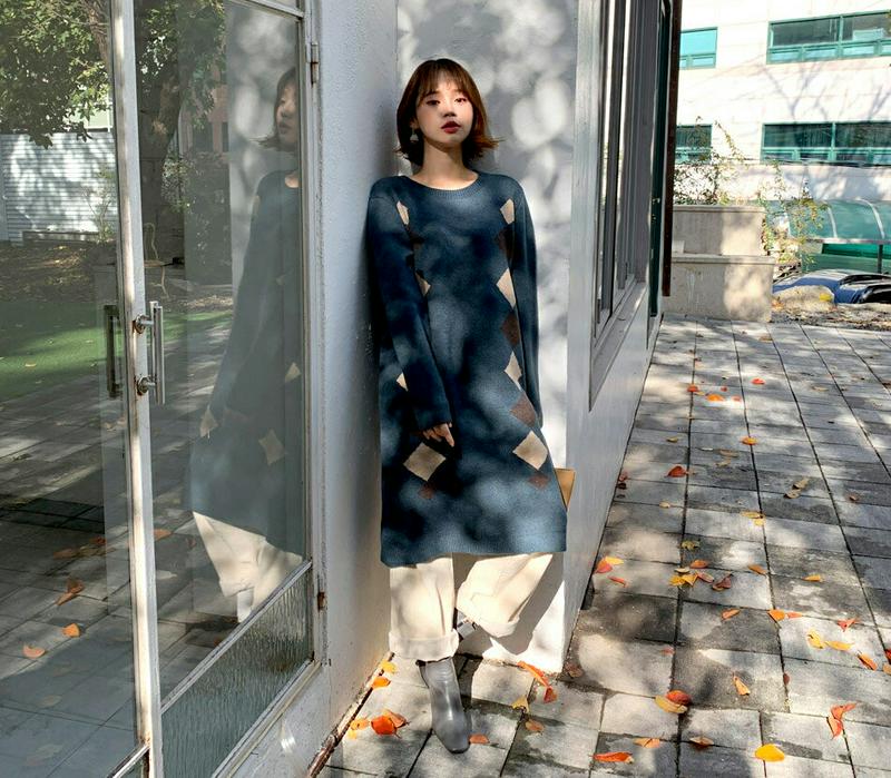 【新作10%OFF】アーガイルニットワンピース・全3色・b61726 レディース【ops】【韓国 ファッション ワンピース ミデ