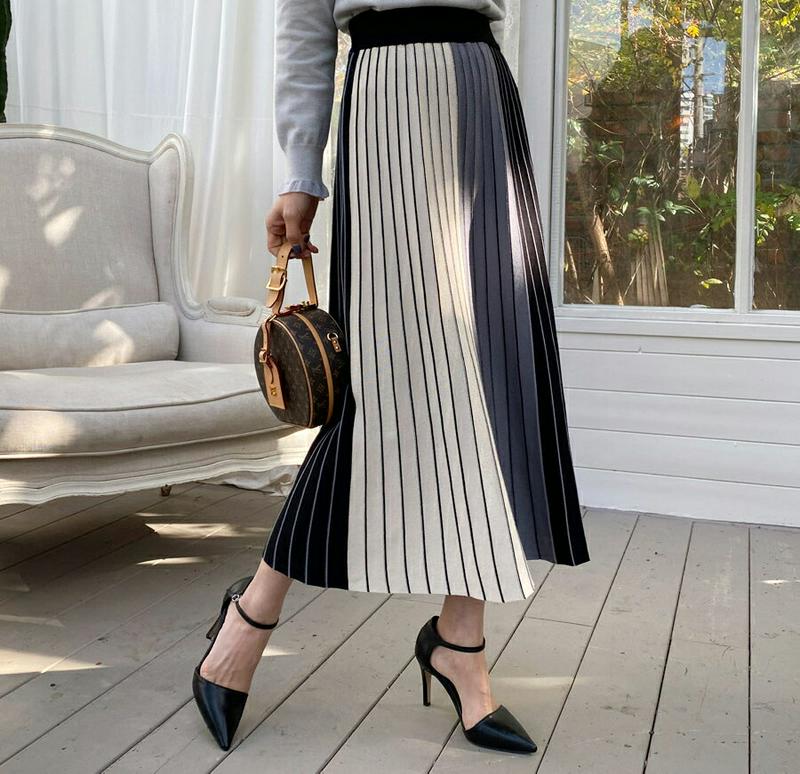 【新作10%OFF】プリーツ配色スカート・全1色・b61738 レディース【sk】【韓国 ファッション ボトムス スカート ロン