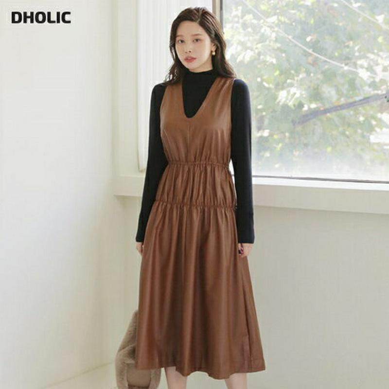 【新作10%OFF】レザー調スリーブレスワンピース・全2色・b65010 レディース【ops】【韓国 ファッション ワンピース 