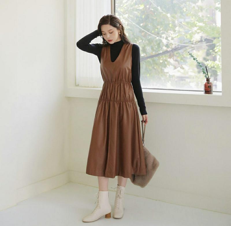 【新作10%OFF】レザー調スリーブレスワンピース・全2色・b65010 レディース【ops】【韓国 ファッション ワンピース 