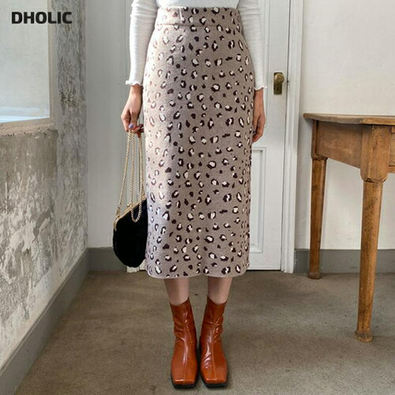 レオパードニットスカート・全3色・b61735 レディース【sk】【韓国 ファッション ボトムス スカート ロング丈 ロングスカート ニットスカート レオパード柄 ヒョウ柄 ウエストゴム 楽ちん Hライン Hラインスカート スリット カジュアル 秋 冬】