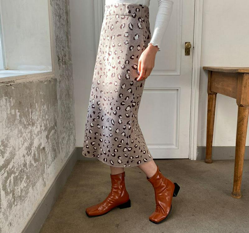 レオパードニットスカート・全3色・b61735 レディース【sk】【韓国 ファッション ボトムス スカート ロング丈 ロングスカート ニットスカート レオパード柄 ヒョウ柄 ウエストゴム 楽ちん Hライン Hラインスカート スリット カジュアル 秋 冬】