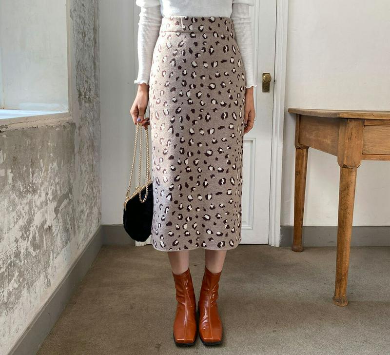 レオパードニットスカート・全3色・b61735 レディース【sk】【韓国 ファッション ボトムス スカート ロング丈 ロングスカート ニットスカート レオパード柄 ヒョウ柄 ウエストゴム 楽ちん Hライン Hラインスカート スリット カジュアル 秋 冬】