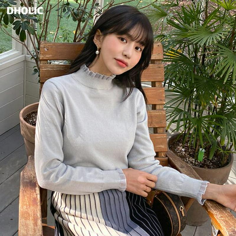 シアーフリルヘムニット・全2色・e61711 レディース【tops】【韓国 ファッション トップス ニット ニットトップス ロングスリーブ 長袖 ハイネック シアー シースルー 配色 フリル シンプル カジュアル 大人 秋 冬】