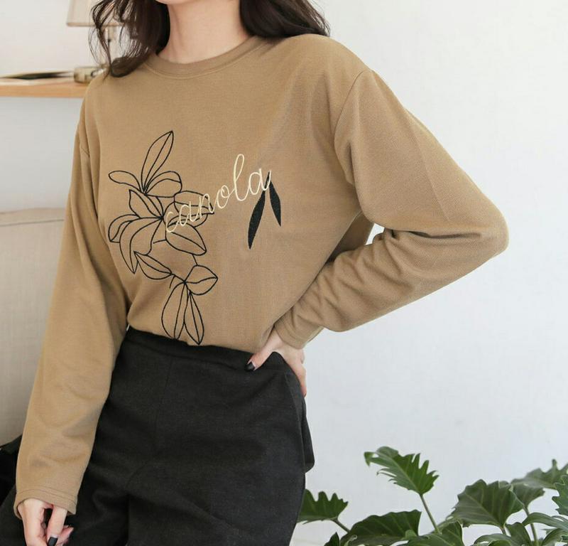 【新作10%OFF】裏起毛フラワー刺繍Tシャツ・全3色・b64999 レディース【tops】【韓国 ファッション トップス Tシ
