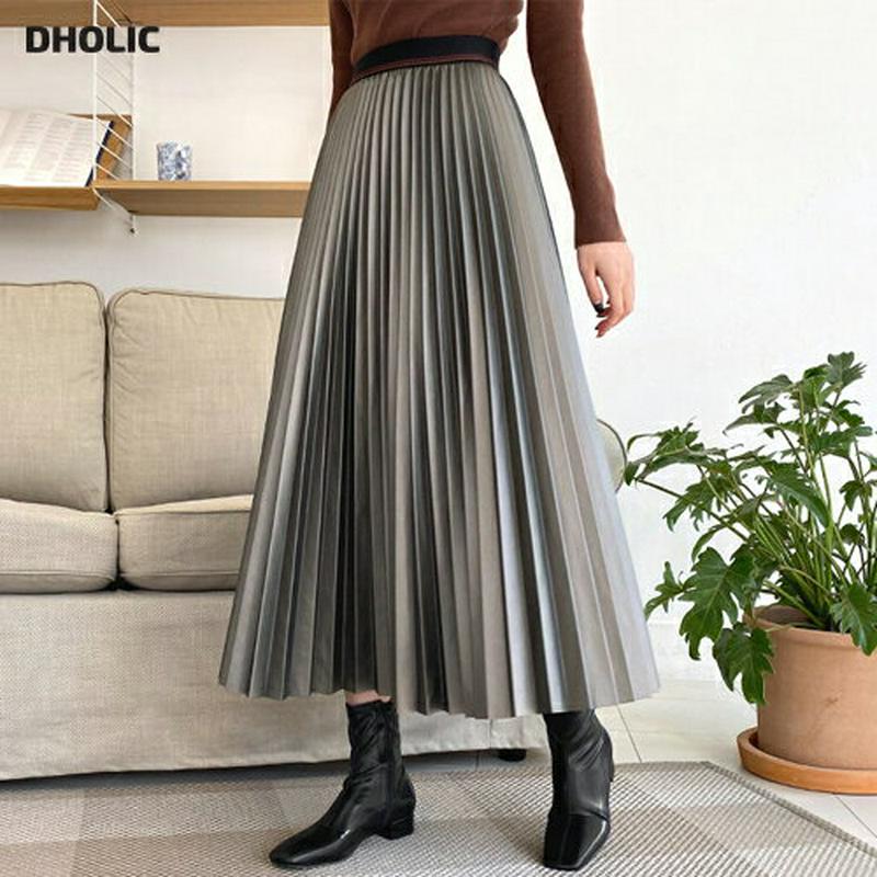 レザー調プリーツスカート・全2色・b65032 レディース【sk】【韓国 ファッション ボトムス スカート ロング丈 ロングスカート プリーツ プリーツスカート レザー調 光沢 ウエストゴム 楽ちん 揺れ感 大人 上品 体型カバー 秋 冬】【ハイホリHIHOLLI】