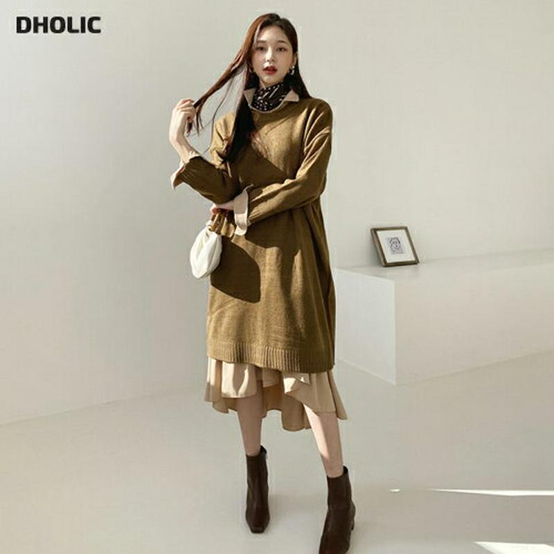 【新作10%OFF】ロングニット&フレアシャツワンピース・全1色・t61035 レディース【ops】【韓国 ファッション ワンピ