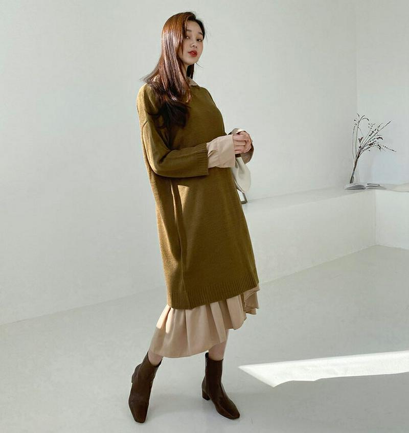 【新作10%OFF】ロングニット&フレアシャツワンピース・全1色・t61035 レディース【ops】【韓国 ファッション ワンピ