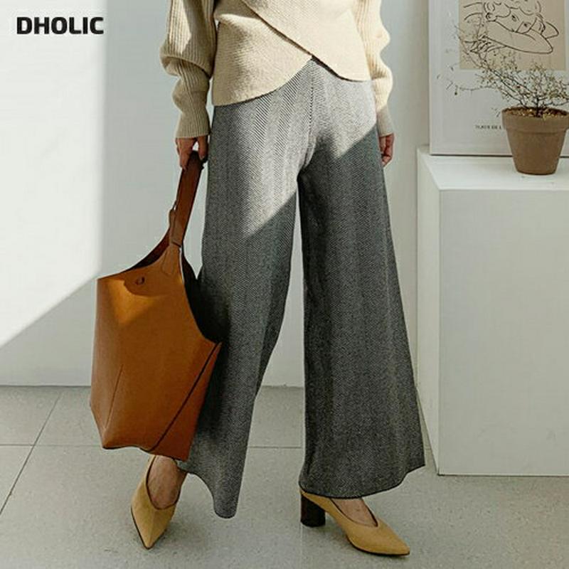 【新作10%OFF】ヘリンボーンニットワイドパンツ・全2色・b61046 レディース【pt】【韓国 ファッション ボトムス ズボ