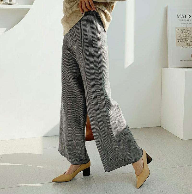 【新作10%OFF】ヘリンボーンニットワイドパンツ・全2色・b61046 レディース【pt】【韓国 ファッション ボトムス ズボ