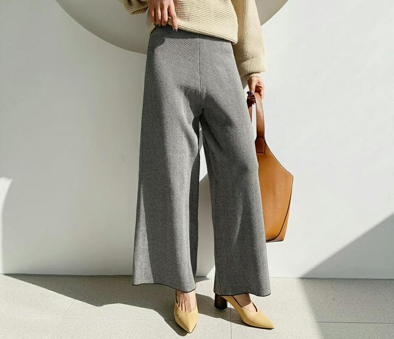 【新作10%OFF】ヘリンボーンニットワイドパンツ・全2色・b61046 レディース【pt】【韓国 ファッション ボトムス ズボ