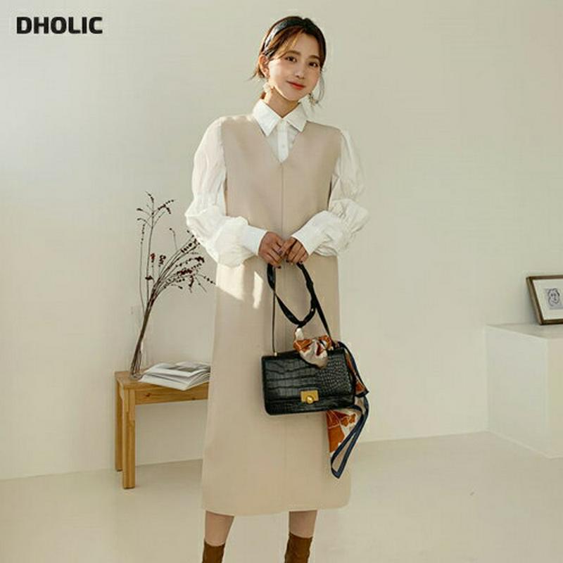 ≪人気商品再入荷≫ストラップ付ワンピース・全3色・e61037 レディース【ops】 韓国ファッション ワンピース ロングワンピース スリーブレス ノースリーブ Vネック Hライン スリット シンプル 単色 無地 ストラップ リボン 大人 秋 冬