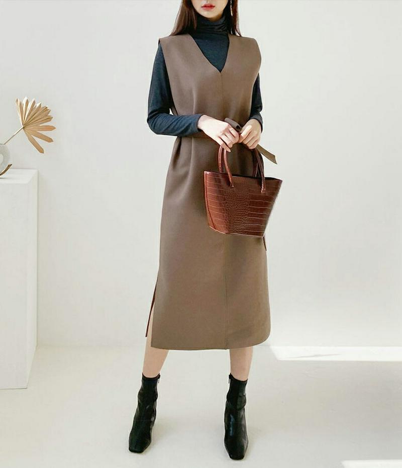 ≪人気商品再入荷≫ストラップ付ワンピース・全3色・e61037 レディース【ops】 韓国ファッション ワンピース ロングワンピース スリーブレス ノースリーブ Vネック Hライン スリット シンプル 単色 無地 ストラップ リボン 大人 秋 冬