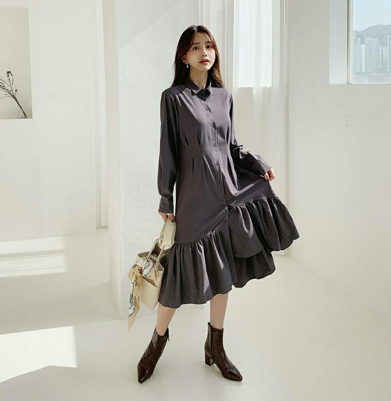 【新作10%OFF】フレアシャツワンピース・全2色・t61063 レディース【ops】【韓国 ファッション ワンピース ロングワ