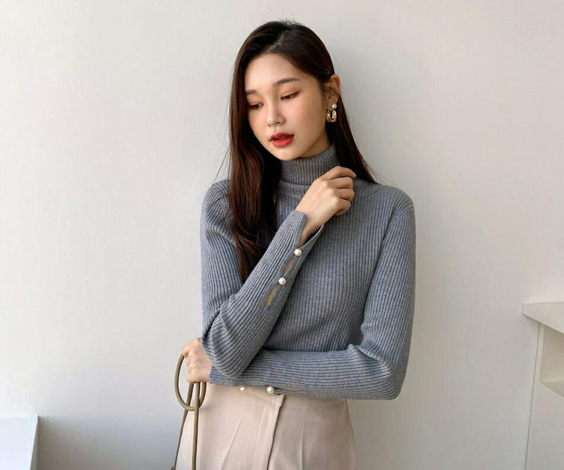 【新作10%OFF】パールスリーブタートルネックニット・全4色・t61033 レディース【tops】【韓国 ファッション トップ