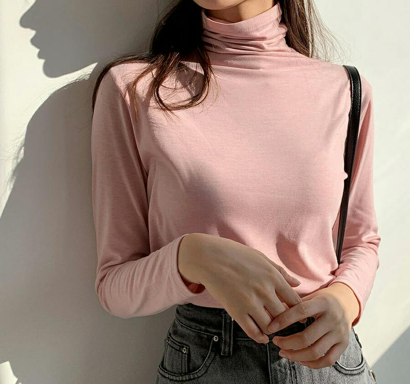 起毛ハーフネックスリムTシャツ・全5色・b61021 レディース【tops】【韓国 ファッション トップス Tシャツ ロングスリーブ 長袖 ハーフネック スリム シンプル 単色 無地 無地T カジュアル ベーシック ラフ 起毛 秋 冬】