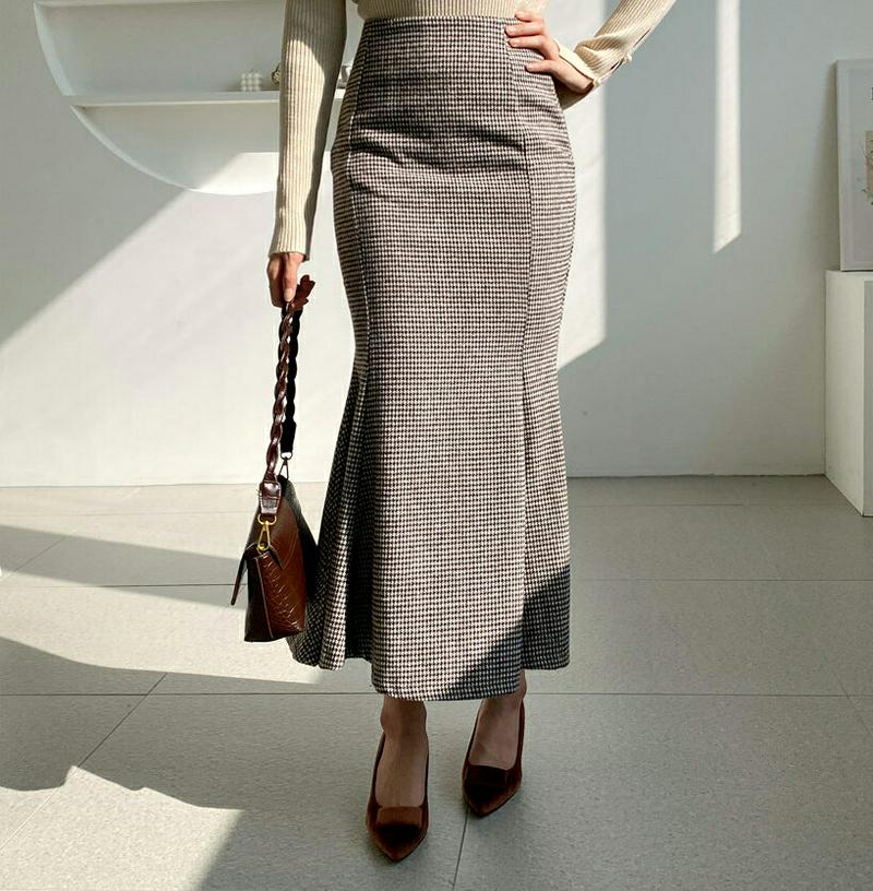 【新作10%OFF】ハウンドトゥースマーメイドロングスカート・全2色・t61049 レディース【sk】【韓国 ファッション ボト