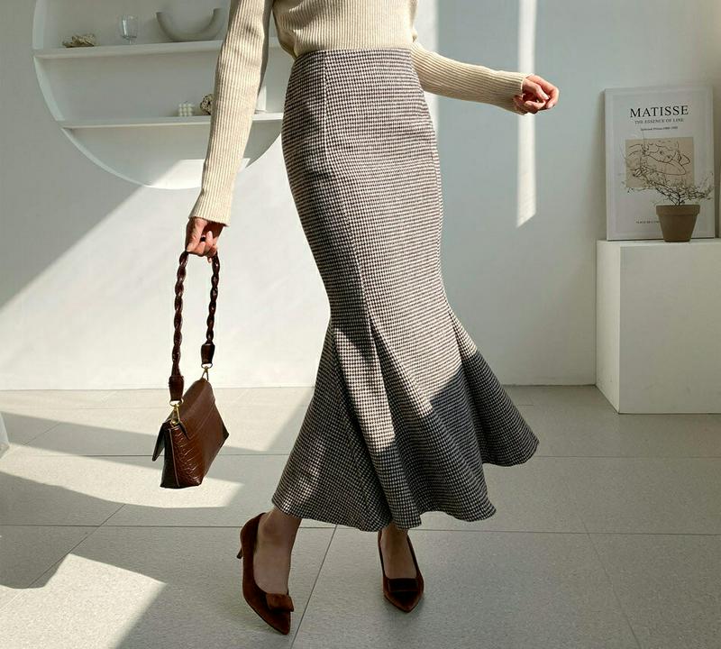 【新作10%OFF】ハウンドトゥースマーメイドロングスカート・全2色・t61049 レディース【sk】【韓国 ファッション ボト