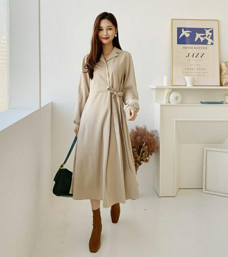 【新作10%OFF】開襟リボンワンピース・全2色・t61038 レディース【ops】【韓国 ファッション ワンピース ロングワン