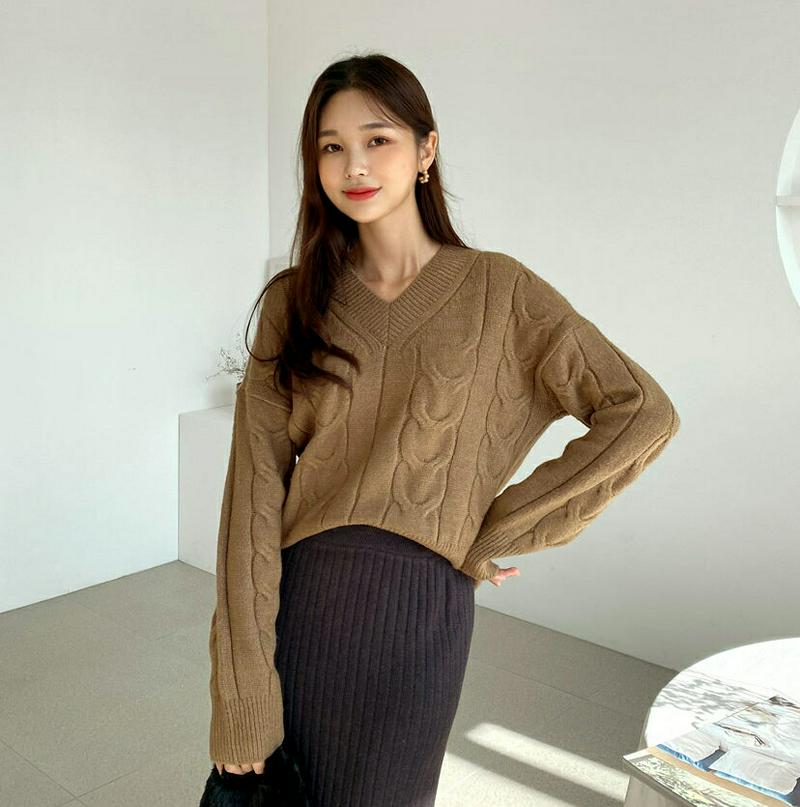 ツイストVネックニット・全5色・t61030 レディース【tops】【韓国 ファッション トップス ニット ニットトップス ロングスリーブ 長袖 Vネック 鎖骨 デコルテ ツイスト リブ シンプル カジュアル ゆったり ラフ 秋 冬】